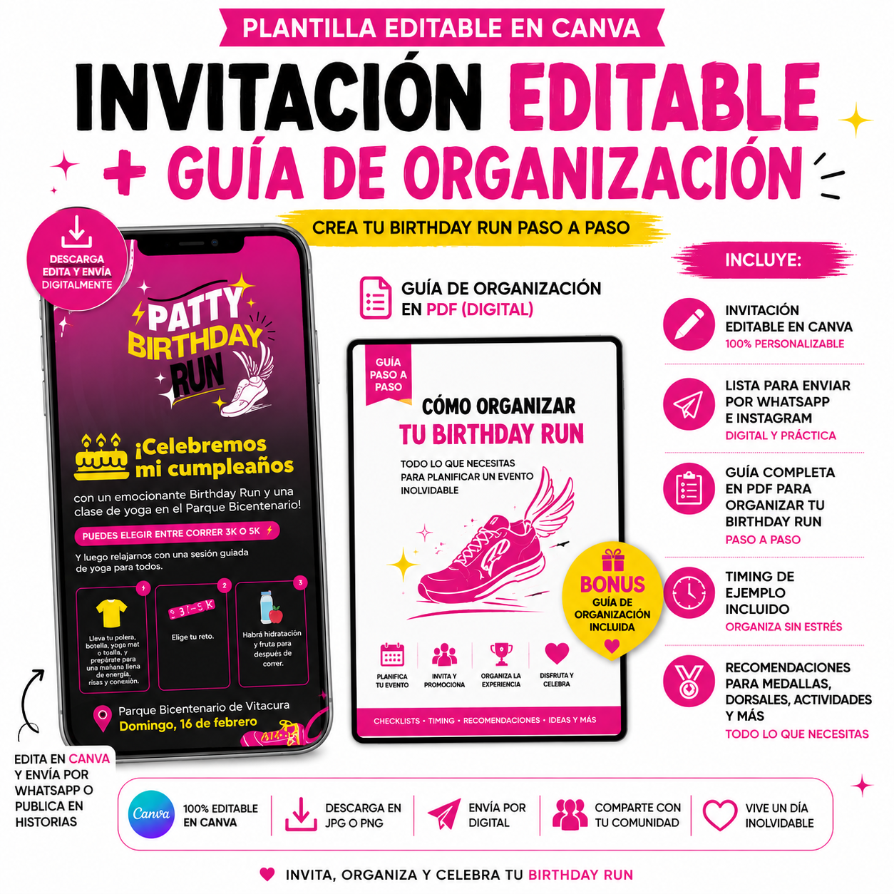 Invitación Editable + Guía para Organizar tu Birthday Run